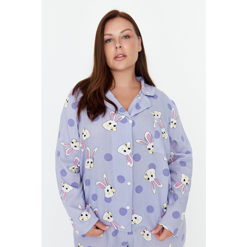 Trendyol Curve Lilac Rabbit Printed Woven Pajama Set