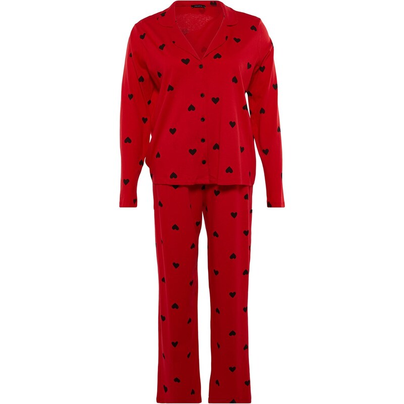 Trendyol Curve Red Heart Shirt Collar Knitted Pajamas Set