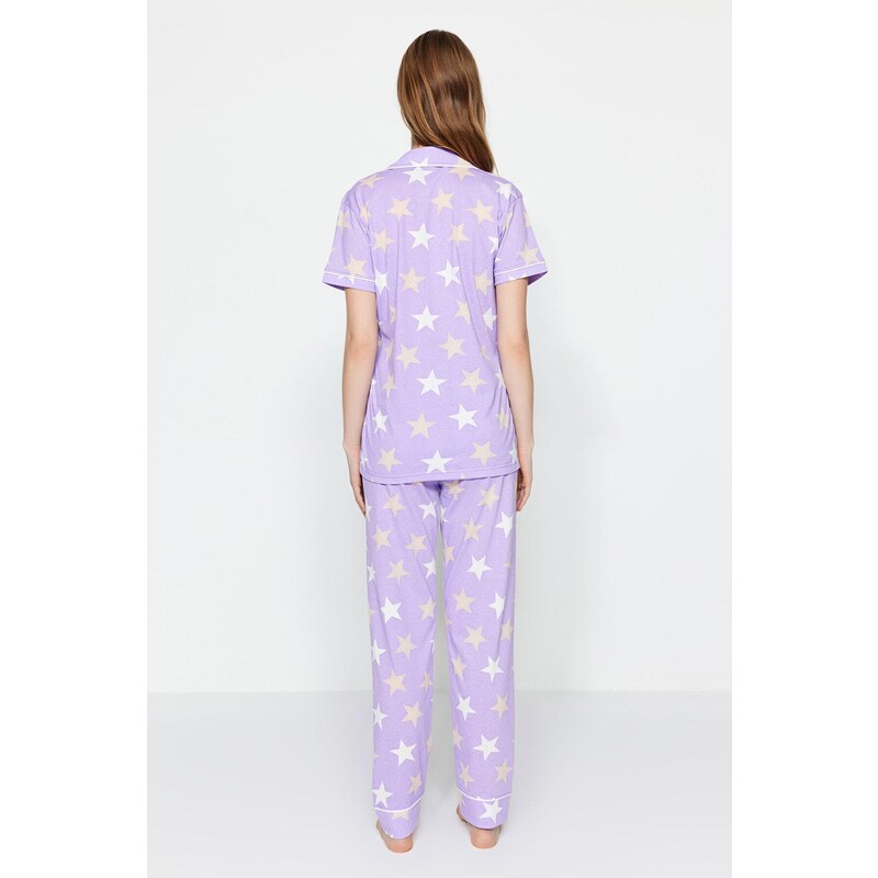 Trendyol Lilac Cotton Starry Shirt-Pants Knitted Pajama Set