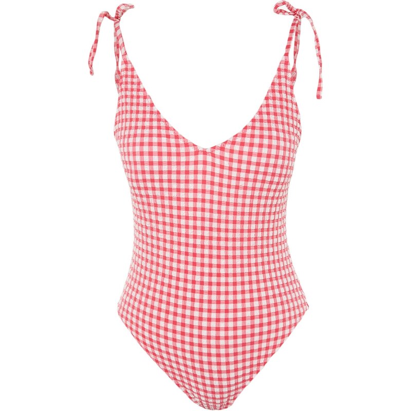 Trendyol Red Gingham, texturované kravaty s výstřihem do V Normální Leg Plavky