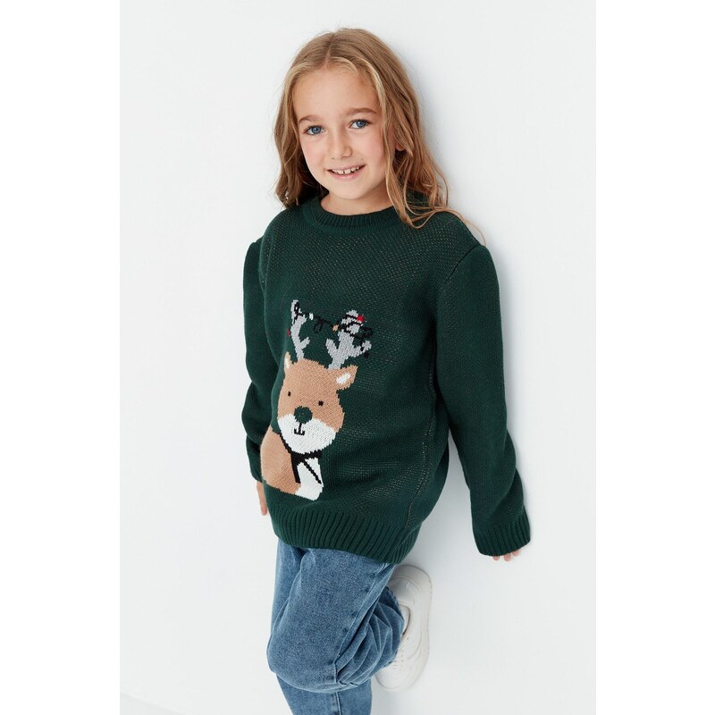 Trendyol Green Patterned Girls Knitwear Sweater