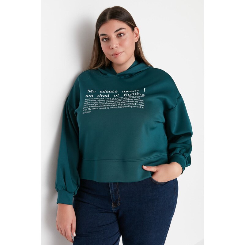 Trendyol Curve Petrol Green Hoodie with Printed Scuba/Scuba Diving Crop Knitted Sweatshirt