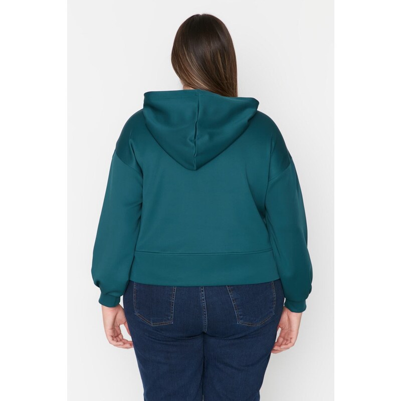 Trendyol Curve Petrol Green Hoodie with Printed Scuba/Scuba Diving Crop Knitted Sweatshirt