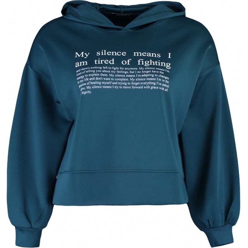 Trendyol Curve Petrol Green Hoodie with Printed Scuba/Scuba Diving Crop Knitted Sweatshirt