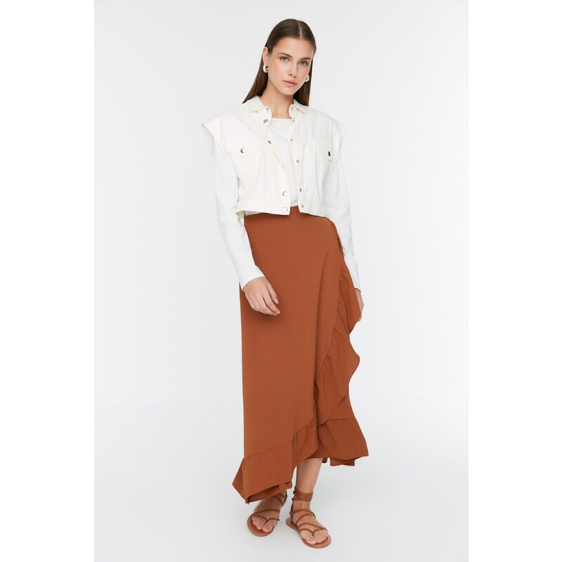 Trendyol Brown, Wrapped Ruffle Knitted Skirt