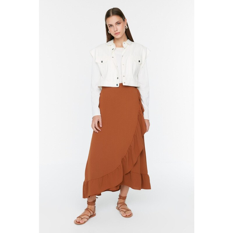 Trendyol Brown, Wrapped Ruffle Knitted Skirt