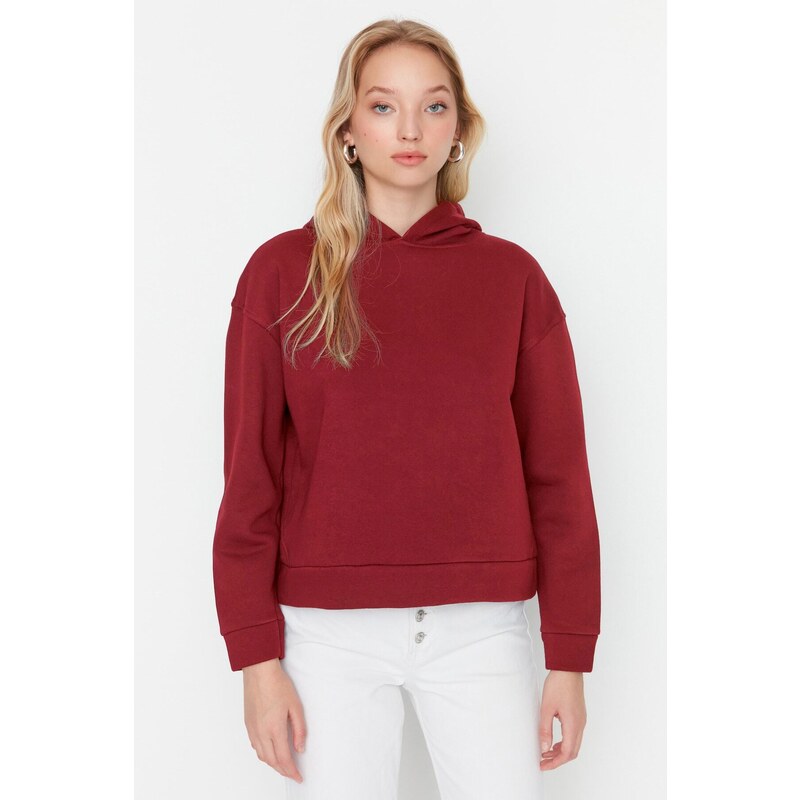 Trendyol Claret Red Regular/Normal Pattern Basic Hooded Thick Inside Fleece Knitted Sweatshirt