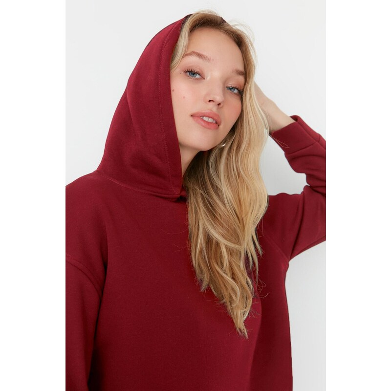 Trendyol Claret Red Regular/Normal Pattern Basic Hooded Thick Inside Fleece Knitted Sweatshirt