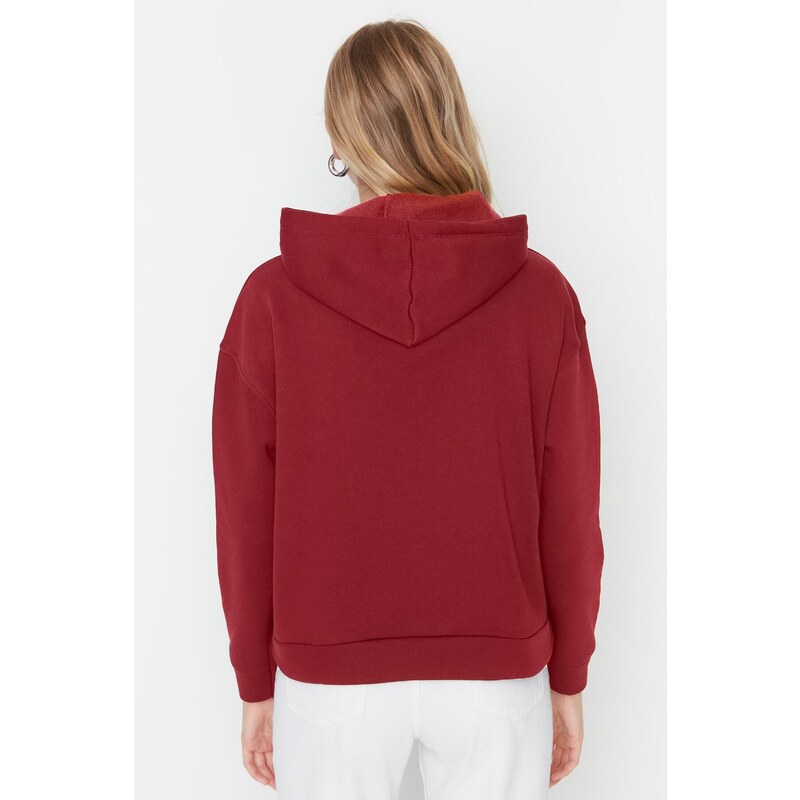 Trendyol Claret Red Regular/Normal Pattern Basic Hooded Thick Inside Fleece Knitted Sweatshirt