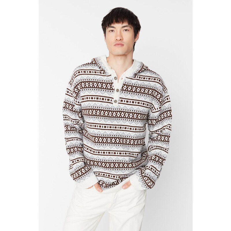 Trendyol Beige Men's Oversize Fit Wide Fit Hooded Jacquard-Knitwear Sweater.
