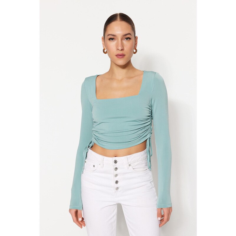 Trendyol Dark Mint Square Collar Shirred Knitted Blouse