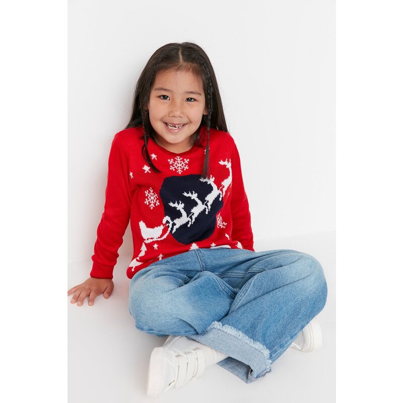 Trendyol Red Jacquard Unisex Kids Knitwear Sweater