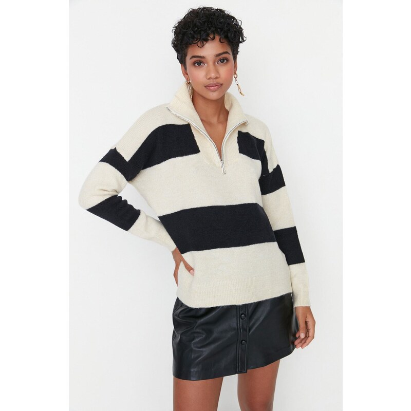 Trendyol Stone Soft Textured High Neck Zippered Knitwear Knitwear Sweater