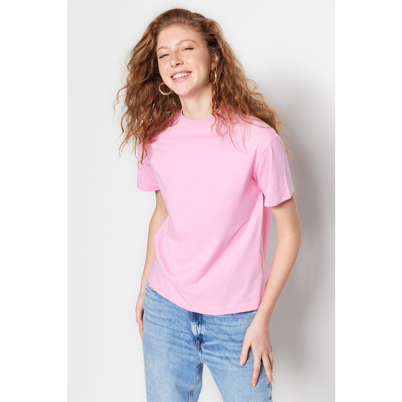 Trendyol Pink 100% Cotton Basic Stand Collar Knitted T-Shirt