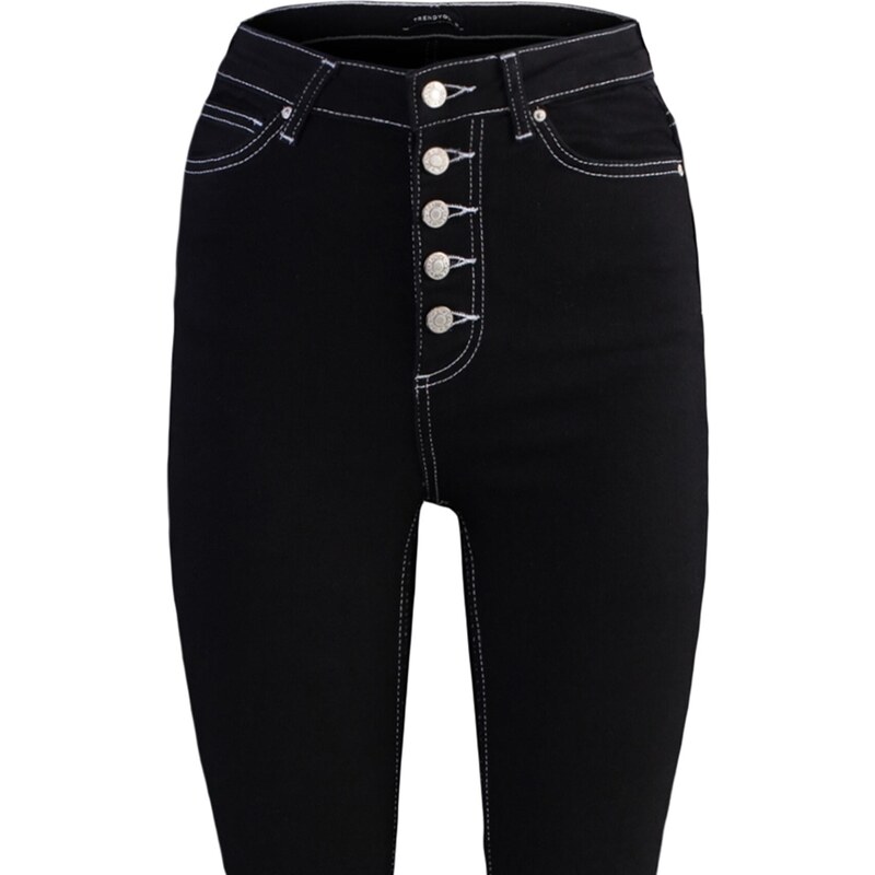 Trendyol Černé přední knoflíky s vysokým pasem Crop Flare Jeans