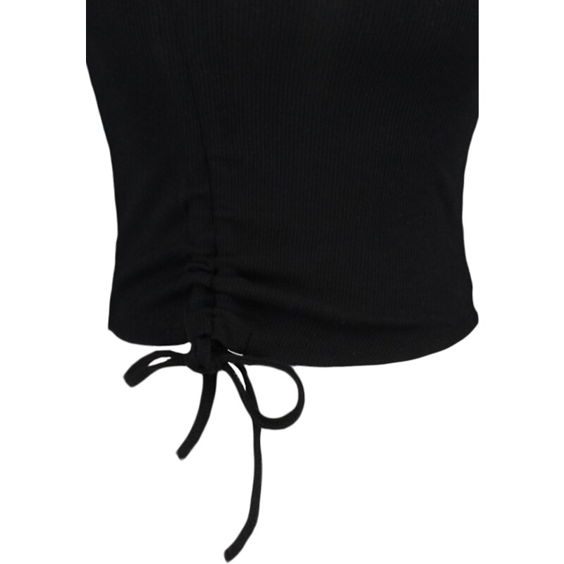 Trendyol Black Shirred Detail Fitted/Sleeping Crop Asymmetrical Collar Ribbed Stretch Knit Blouse