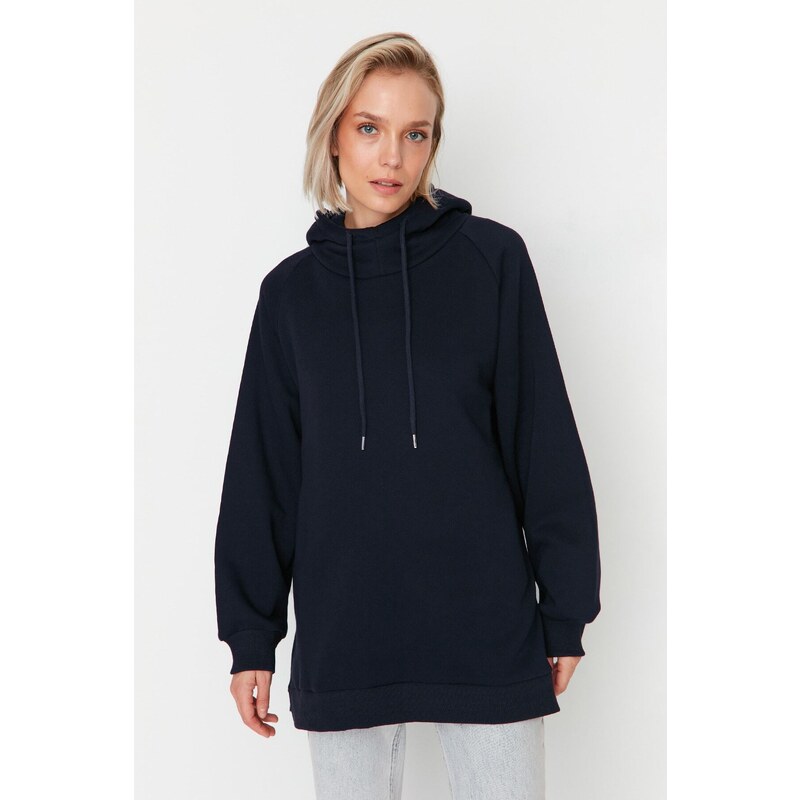 Trendyol Navy Blue Hooded Oversize Raised Knitted Sweatshirt