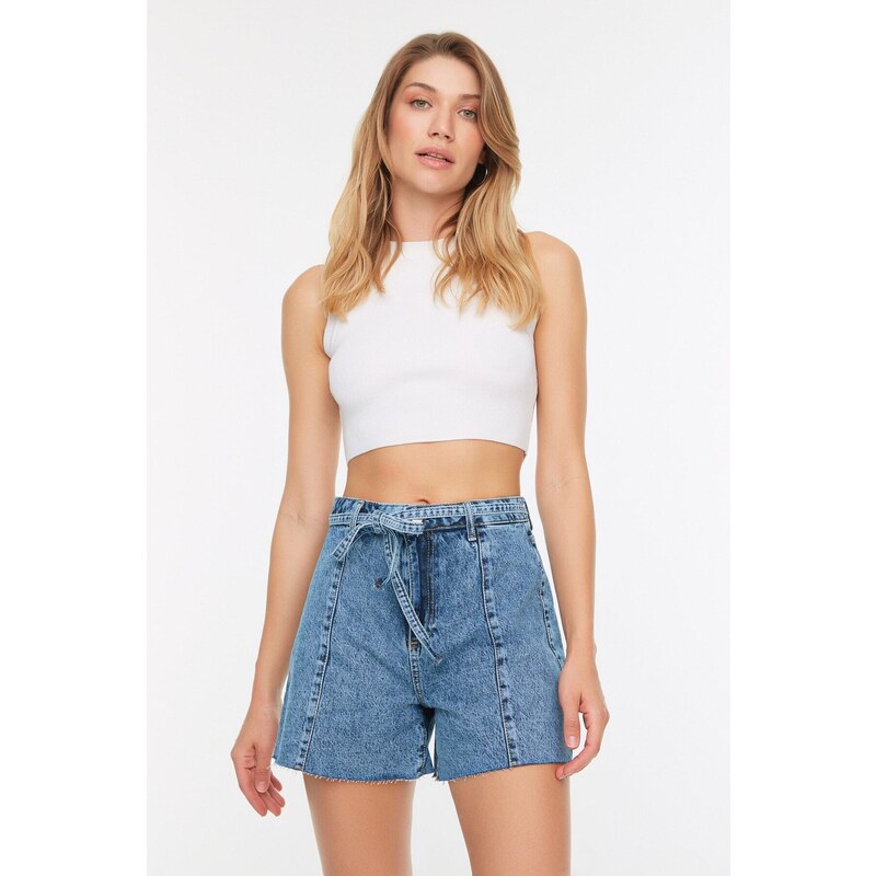 Trendyol Blue Belted Denim Shorts