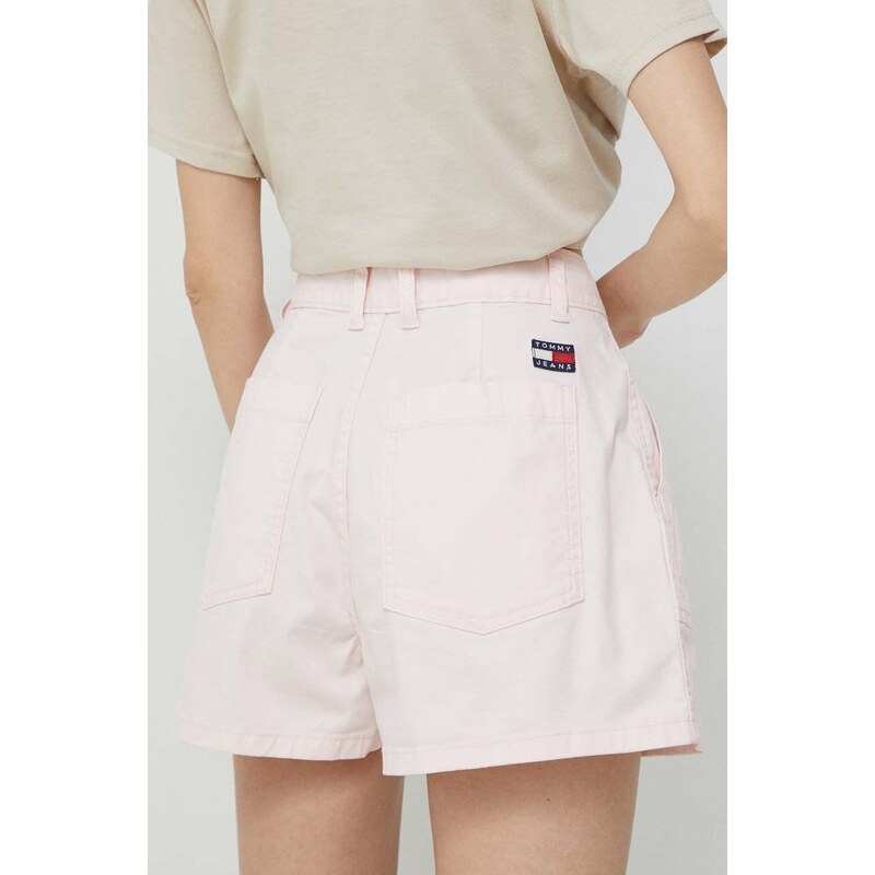 Kraťasy Tommy Jeans dámské, růžová barva, hladké, high waist