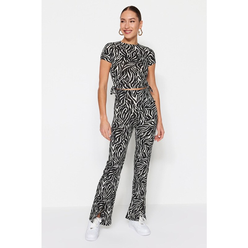 Trendyol Black Zebra Print Slit Detailed High Waist Straigth Knitted Pants