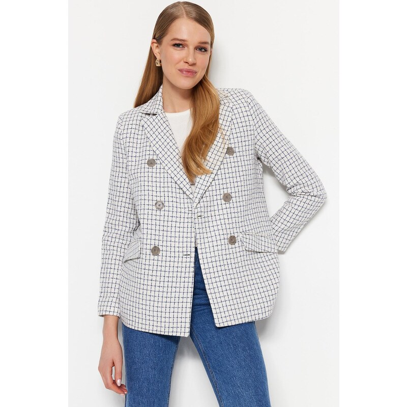 Trendyol Indigo Woven Lined Plaid Blazer Jacket