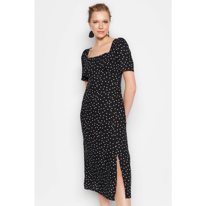 Trendyol Black Polka Dot Patterned A-Cut Midi Woven Viscose Pattern Dress