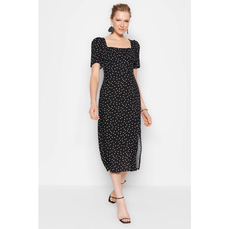 Trendyol Black Polka Dot Patterned A-Cut Midi Woven Viscose Pattern Dress