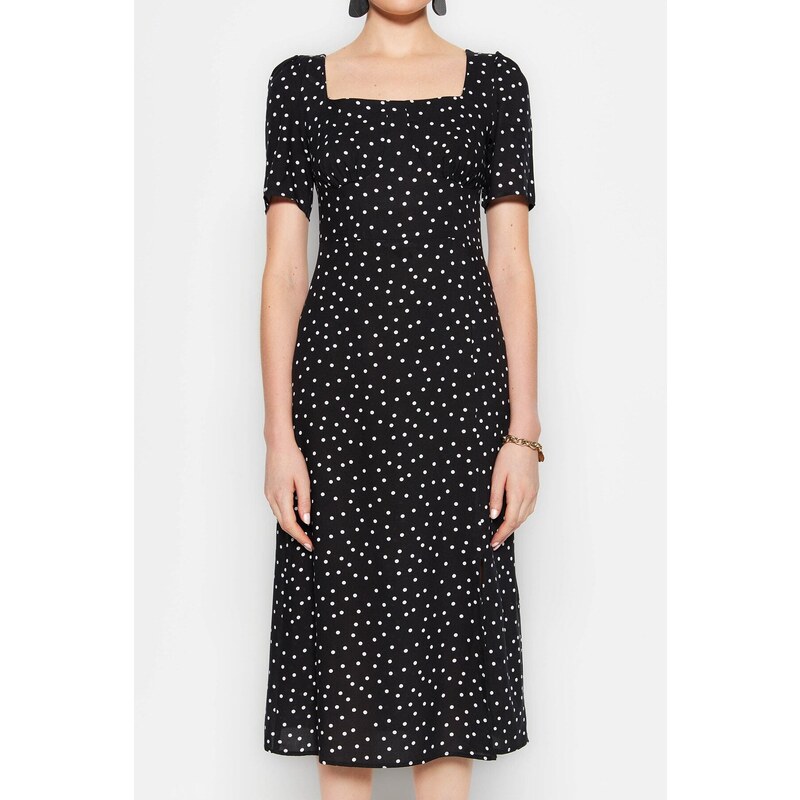 Trendyol Black Polka Dot Patterned A-Cut Midi Woven Viscose Pattern Dress