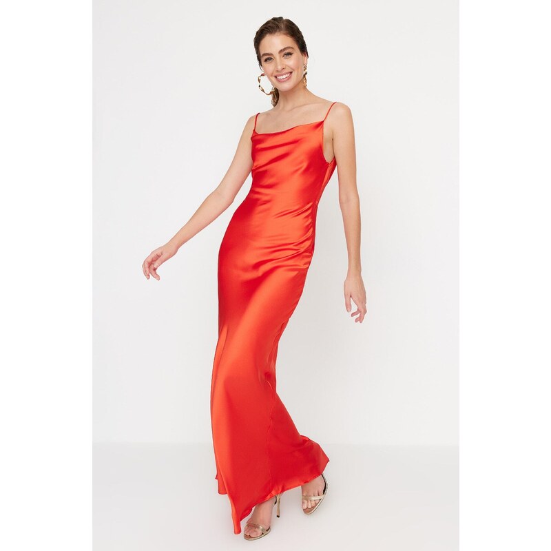 Trendyol Orange Lined Woven Satin Evening Dress