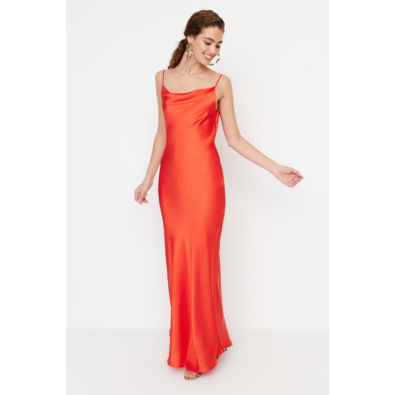 Trendyol Orange Lined Woven Satin Evening Dress
