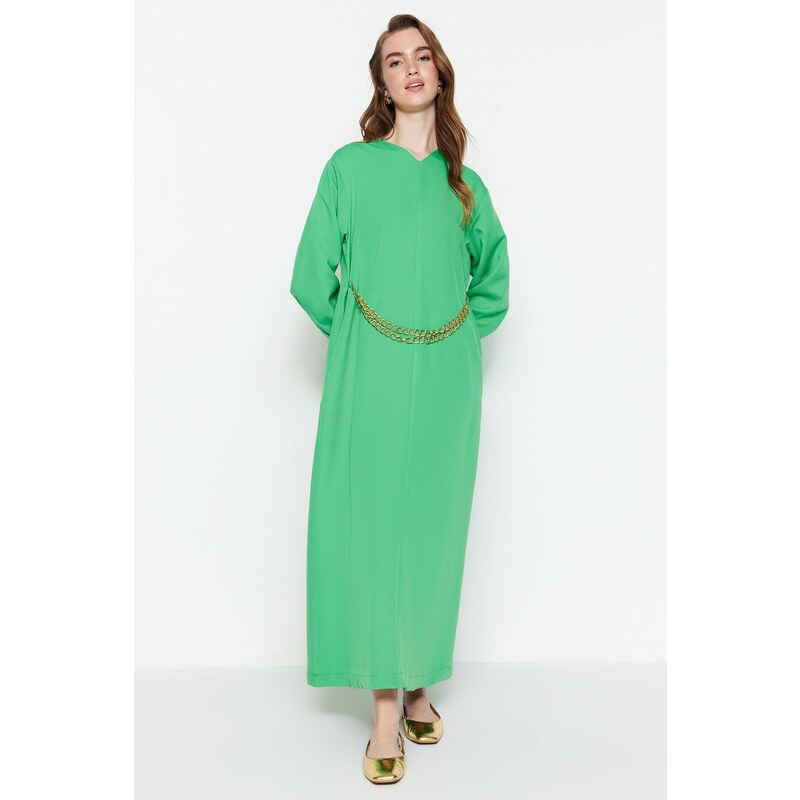 Trendyol Green Crepe Evening Dress with a Chain Waist and a Chain Belt, in a comfortable fit