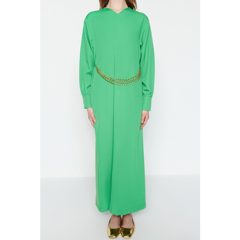 Trendyol Green Crepe Evening Dress with a Chain Waist and a Chain Belt, in a comfortable fit