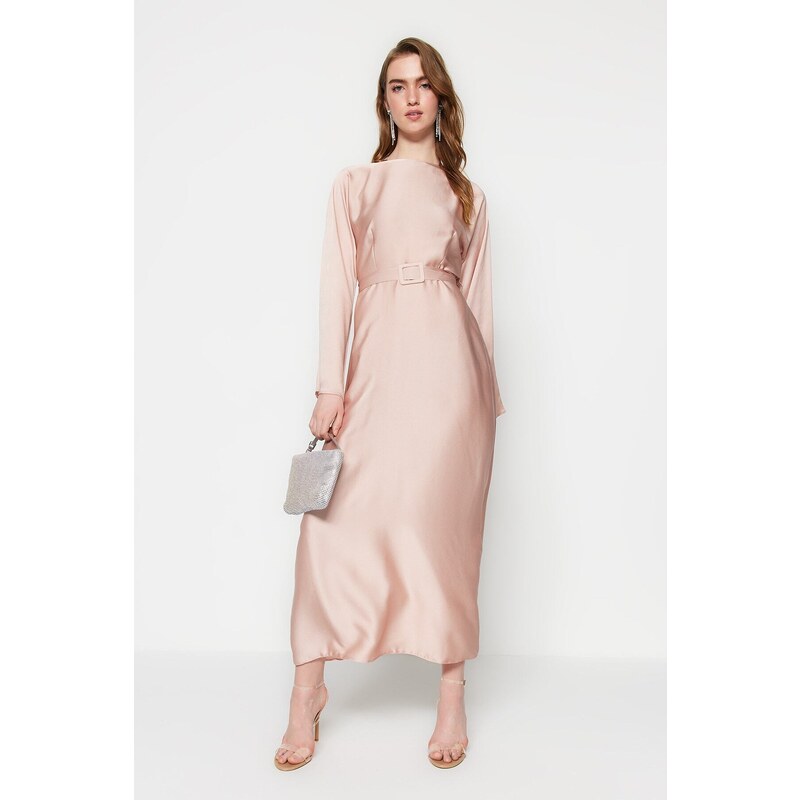 Trendyol Light Pink Belted Satin Evening Dress