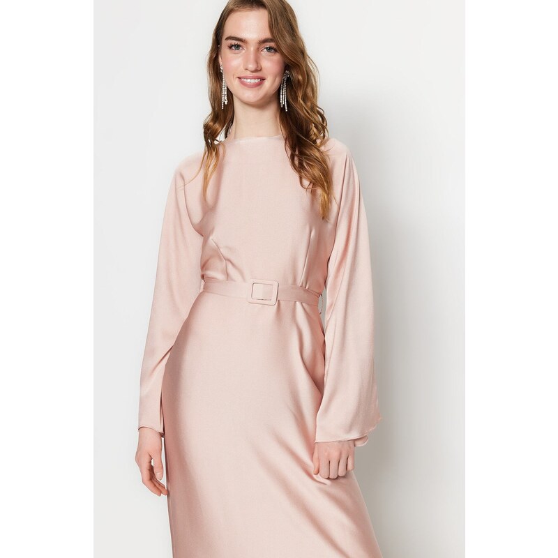 Trendyol Light Pink Belted Satin Evening Dress