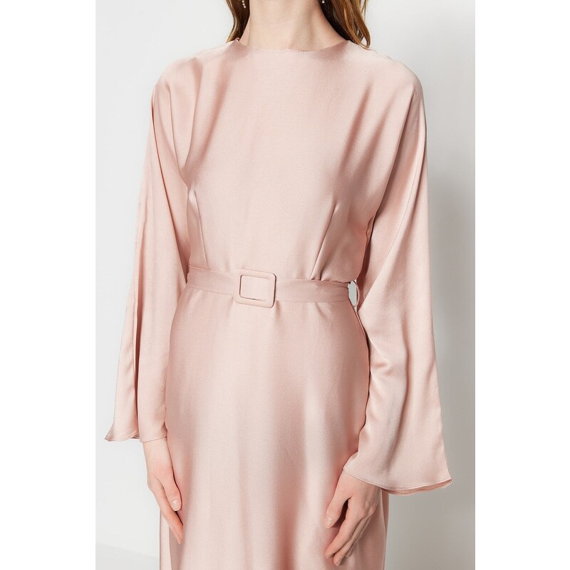 Trendyol Light Pink Belted Satin Evening Dress