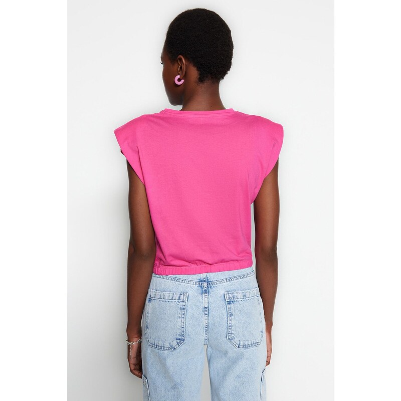 Trendyol Fuchsia 100% Cotton Padded Crop Crew Neck Knitted T-Shirt