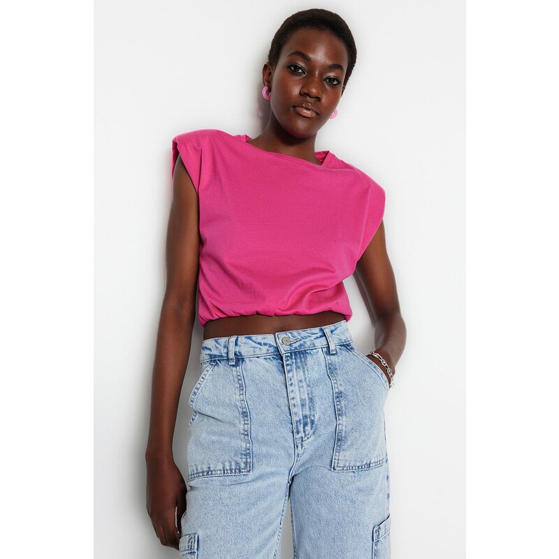 Trendyol Fuchsia 100% Cotton Padded Crop Crew Neck Knitted T-Shirt