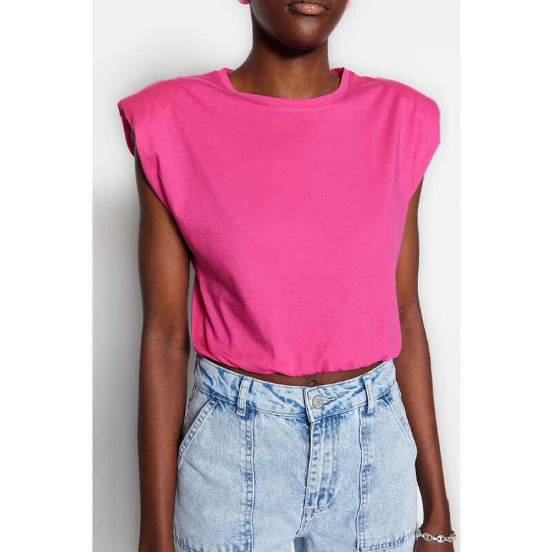 Trendyol Fuchsia 100% Cotton Padded Crop Crew Neck Knitted T-Shirt