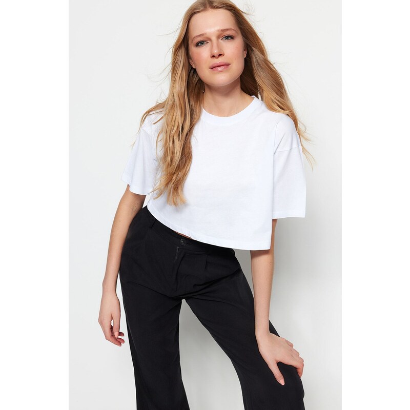 Trendyol White 100% Cotton Premium Crop Crew Neck Knitted T-Shirt 107057688