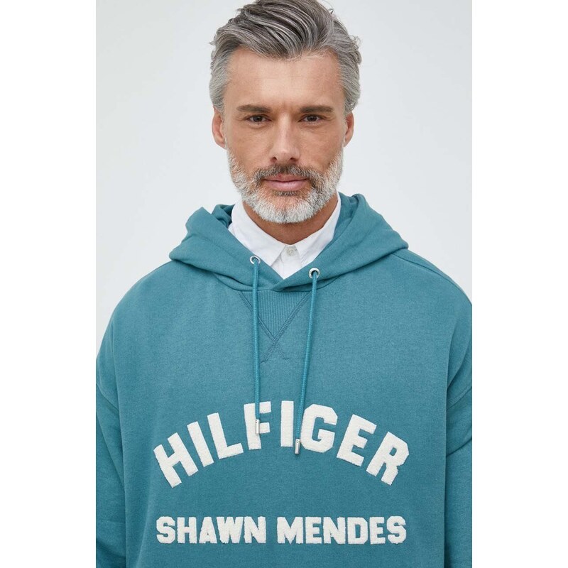 Mikina Tommy Hilfiger x Shawn Mendes pánská, tyrkysová barva, s kapucí, vzorovaná