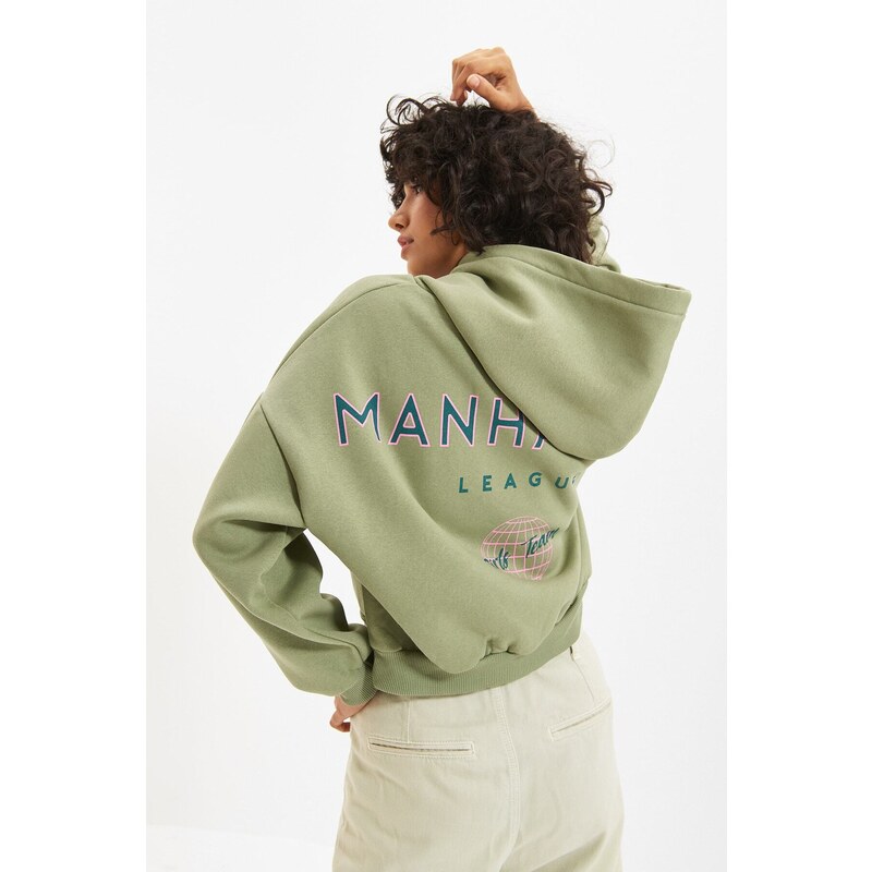 Trendyol Mint Back Print Detail Hooded Thick Fleece Knitted Sweatshirt