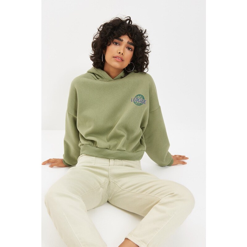 Trendyol Mint Back Print Detail Hooded Thick Fleece Knitted Sweatshirt