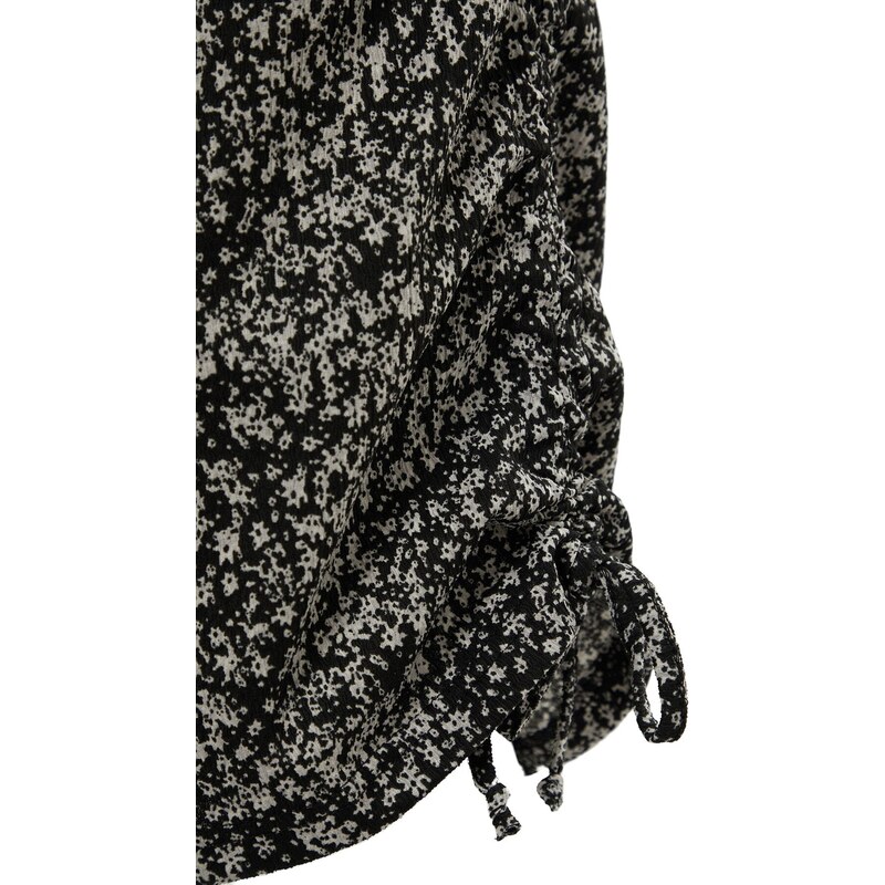 Trendyol Curve Black Fitted Gathered Detailed Floral Pattern Knitted Dress