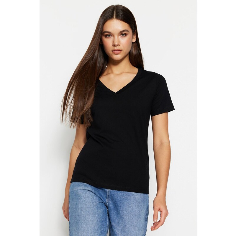 Trendyol Black 100% Cotton Basic V-Neck Knitted T-Shirt