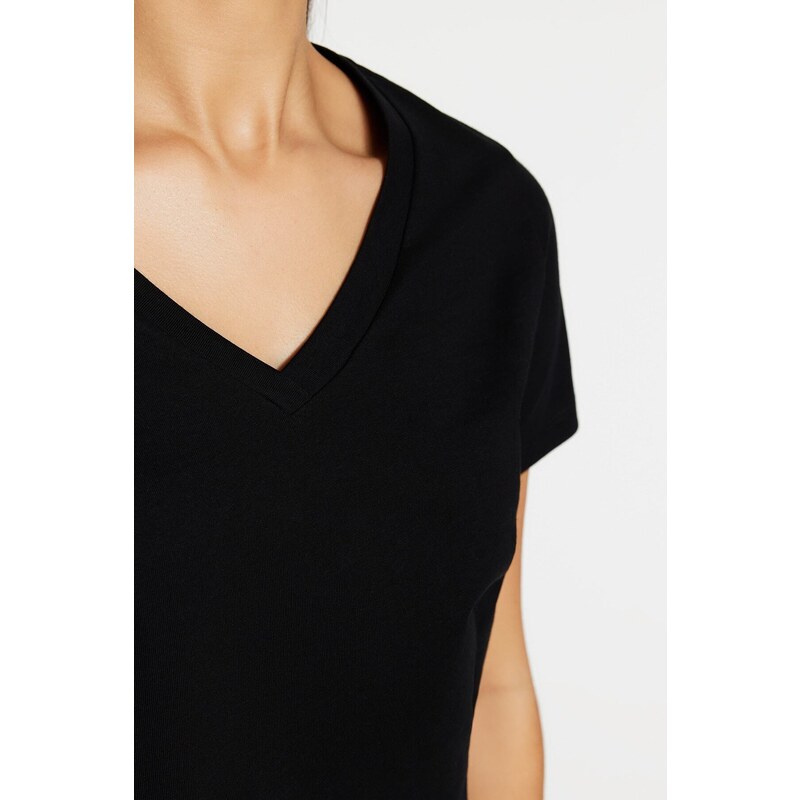 Trendyol Black 100% Cotton Basic V-Neck Knitted T-Shirt