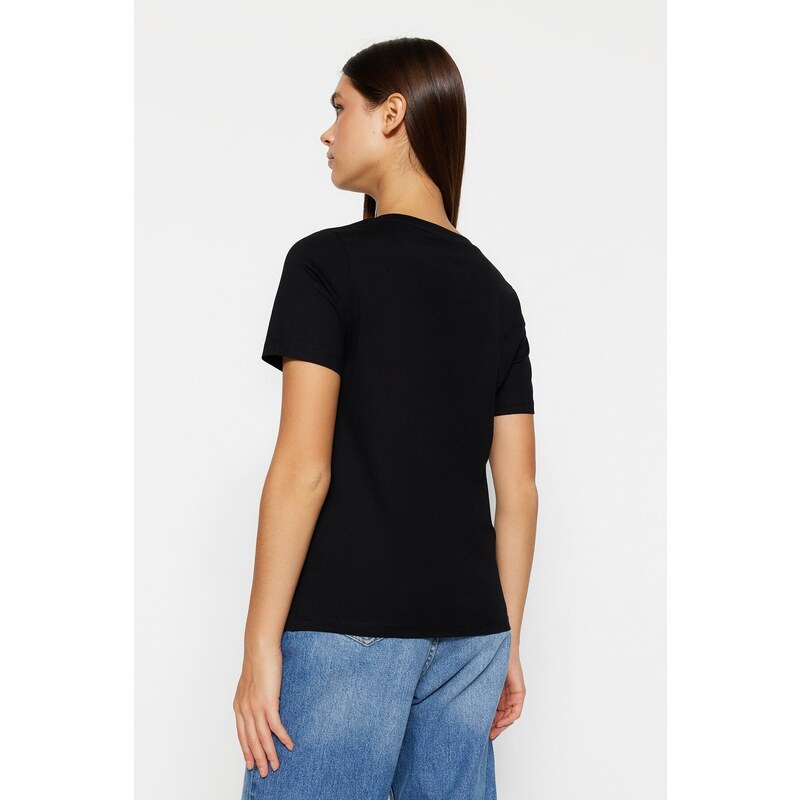 Trendyol Black 100% Cotton Basic V-Neck Knitted T-Shirt