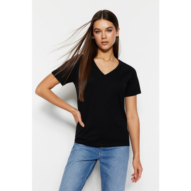 Trendyol Black 100% Cotton Basic V-Neck Knitted T-Shirt