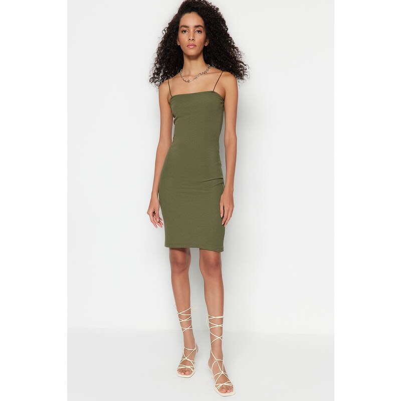 Trendyol Green Square Neck Spaghetti Straps Ribbed Flexible Fitted Mini Knitted Dress