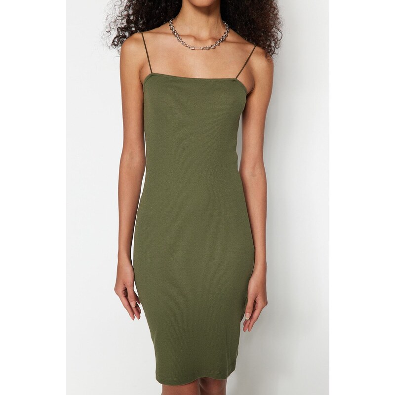 Trendyol Green Square Neck Spaghetti Straps Ribbed Flexible Fitted Mini Knitted Dress