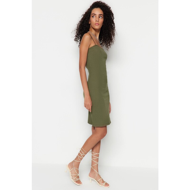 Trendyol Green Square Neck Spaghetti Straps Ribbed Flexible Fitted Mini Knitted Dress